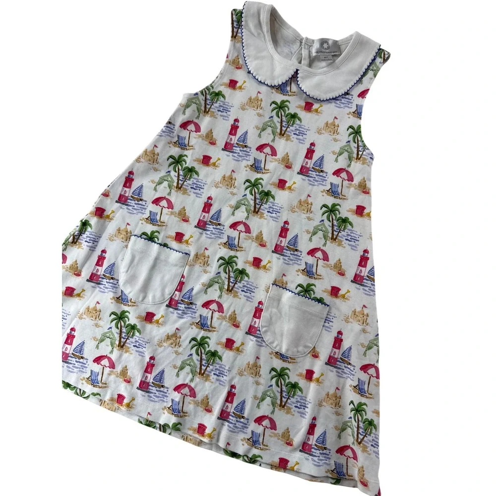 The Proper‎ Peony Girls Beach Print Pima Cotton Peter Pan Collar Dress Size 6Y